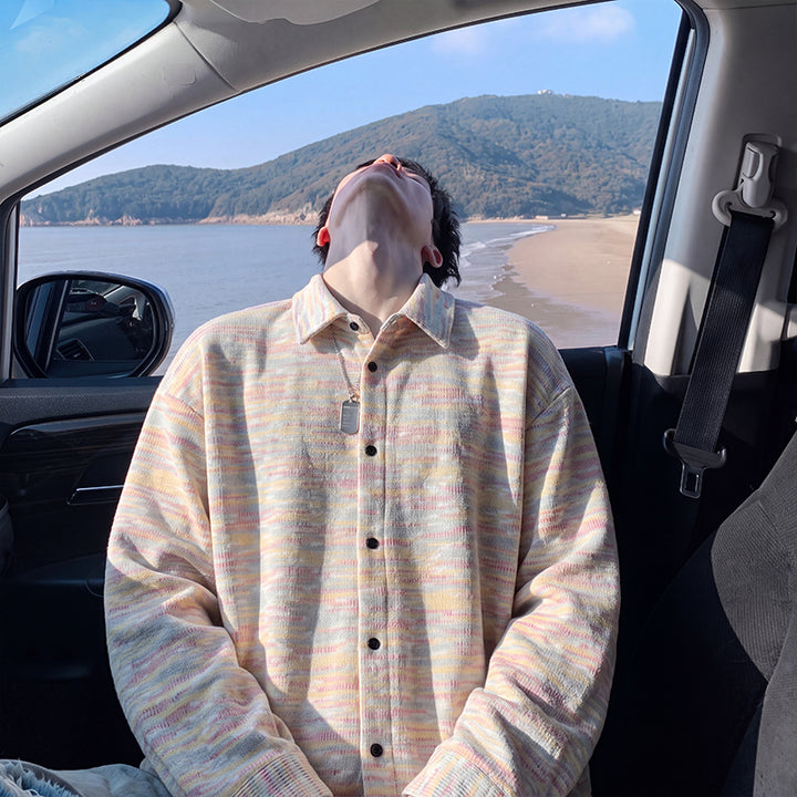 Pastel tie-dye shirt jacket, front view showing the pastel tie-dye bands