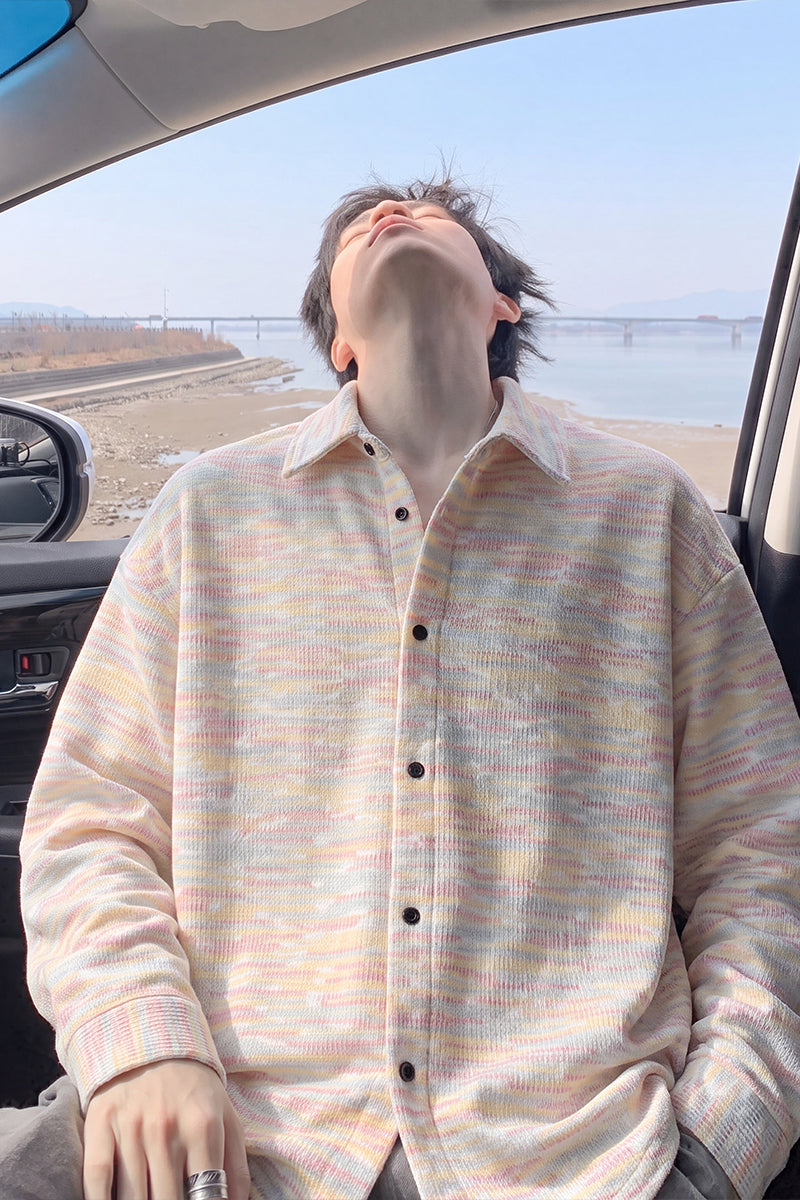 Pastel tie-dye shirt jacket, front view of the pink and blue tie-dye