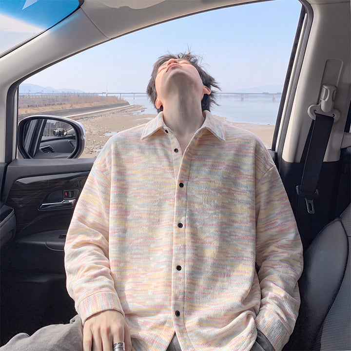 Pastel tie-dye shirt jacket, angled view of the pastel shirt jacket