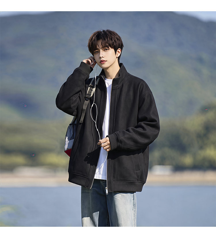Stand-collar fleece jacket, angled view of the black jacket
