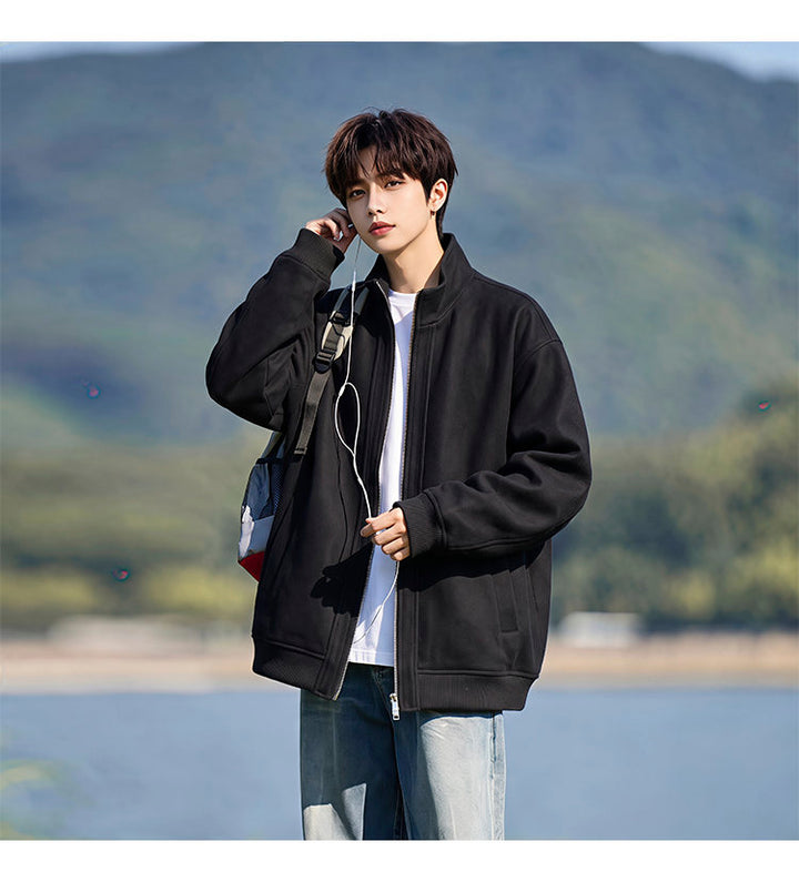 Stand-collar fleece jacket, angled view of the black jacket