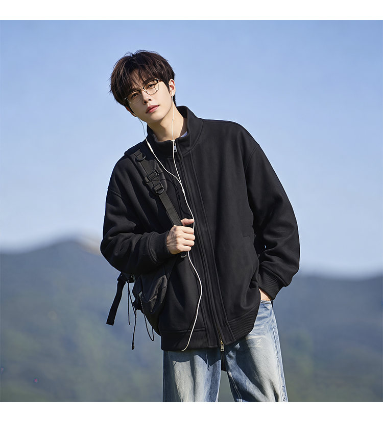 Stand-collar fleece jacket, front view showing the black zipper
