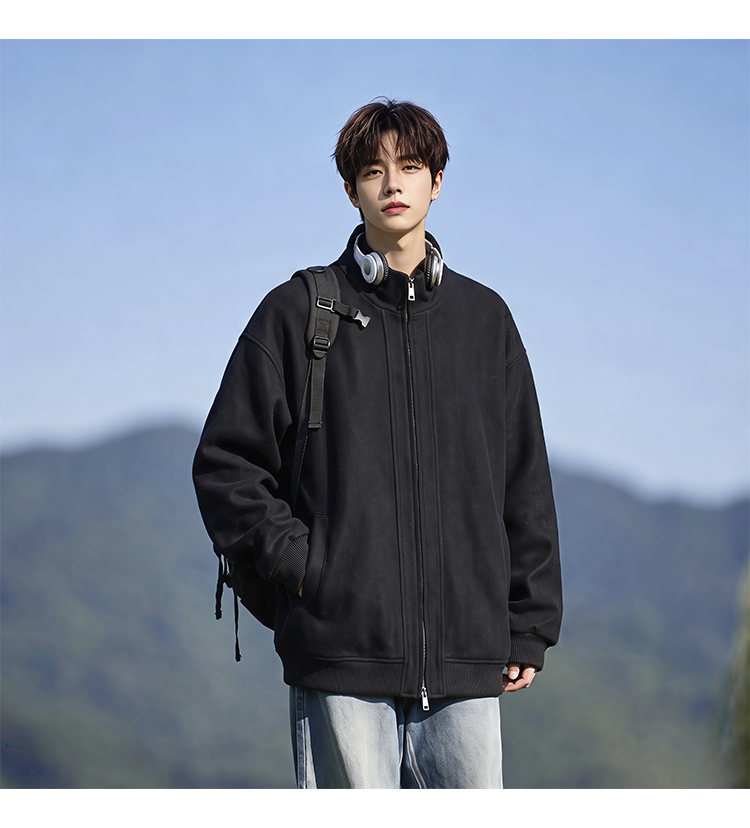 Stand-collar fleece jacket, styled view of the black jacket