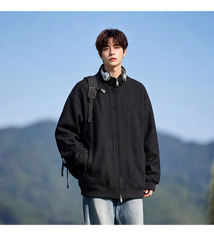 Stand-collar fleece jacket, styled view of the black jacket