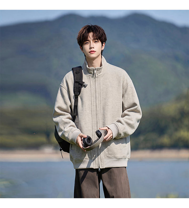 Stand-collar fleece jacket, front view showing the stand collar