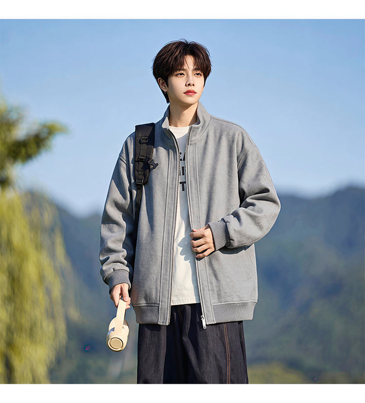 Stand-collar fleece jacket, front view of the gray jacket
