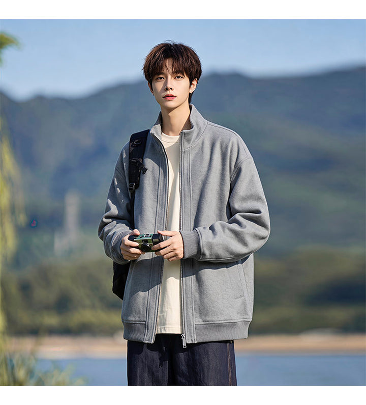 Stand-collar fleece jacket, styled view of the gray jacket