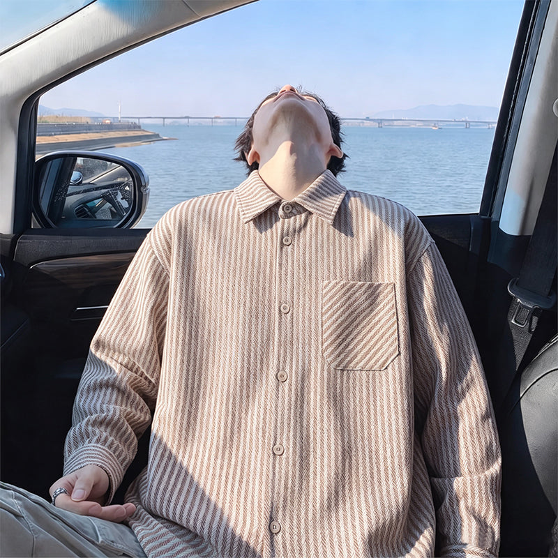 Striped corduroy shirt jacket, front view of the beige striped shirt jacket