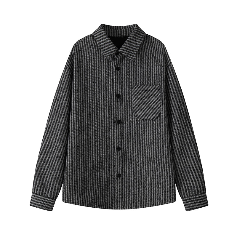 Striped corduroy shirt jacket, flat-lay view of the black striped shirt jacket