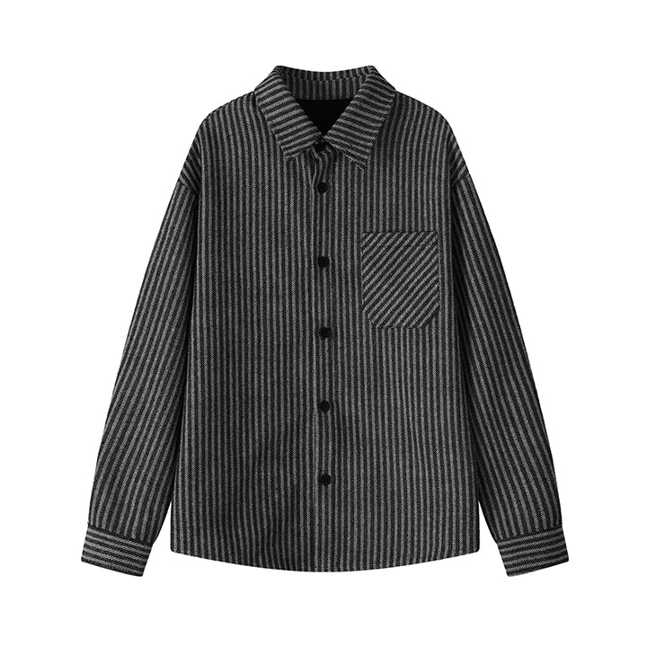 Striped corduroy shirt jacket, flat-lay view of the black striped shirt jacket