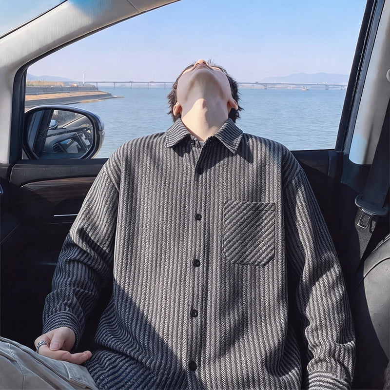 Striped corduroy shirt jacket, front view of the black striped shirt jacket