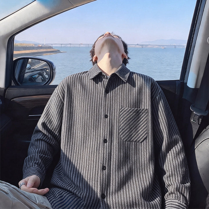 Striped corduroy shirt jacket, front view of the black striped shirt jacket
