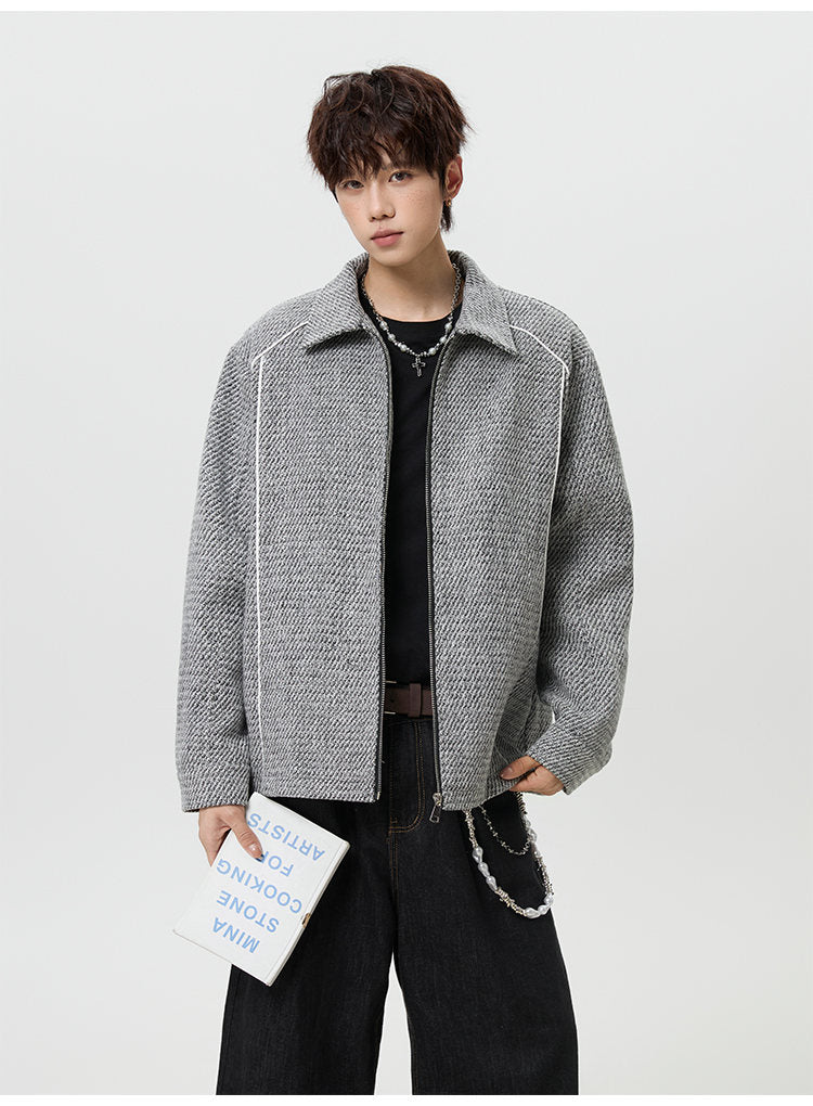 Textured lapel zip jacket, front view of the gray textured jacket