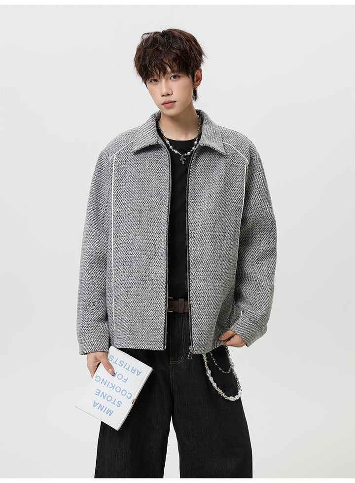 Textured lapel zip jacket, front view of the gray textured jacket