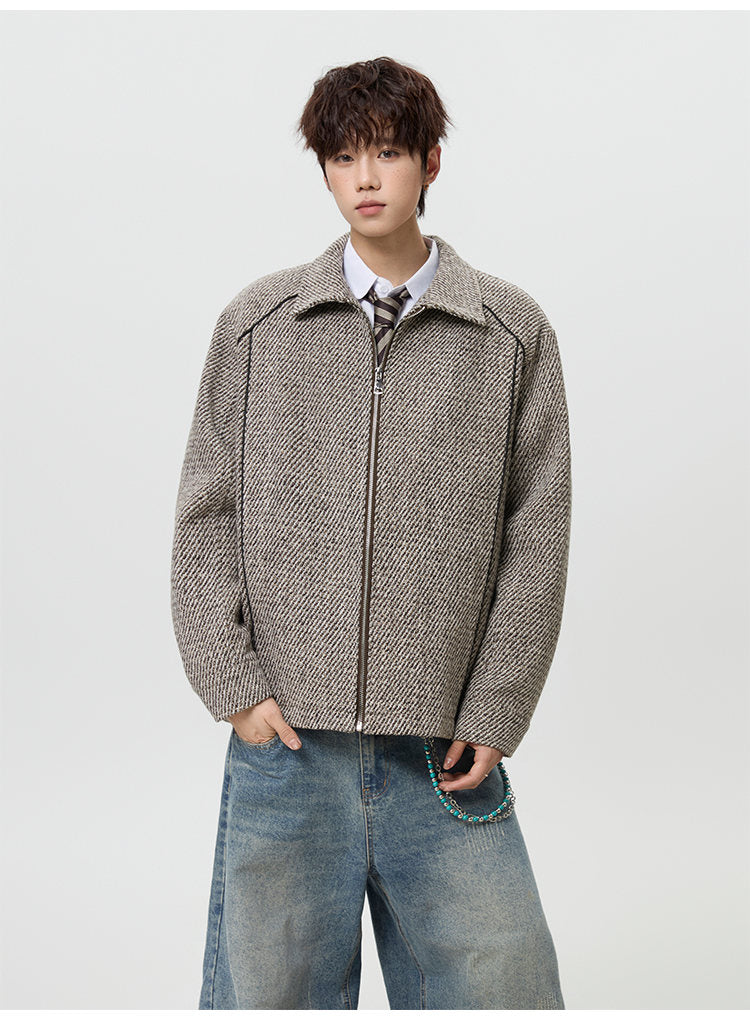 Textured lapel zip jacket, front view of the taupe textured jacket