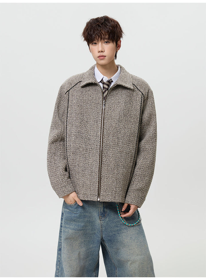 Textured lapel zip jacket, front view of the taupe textured jacket