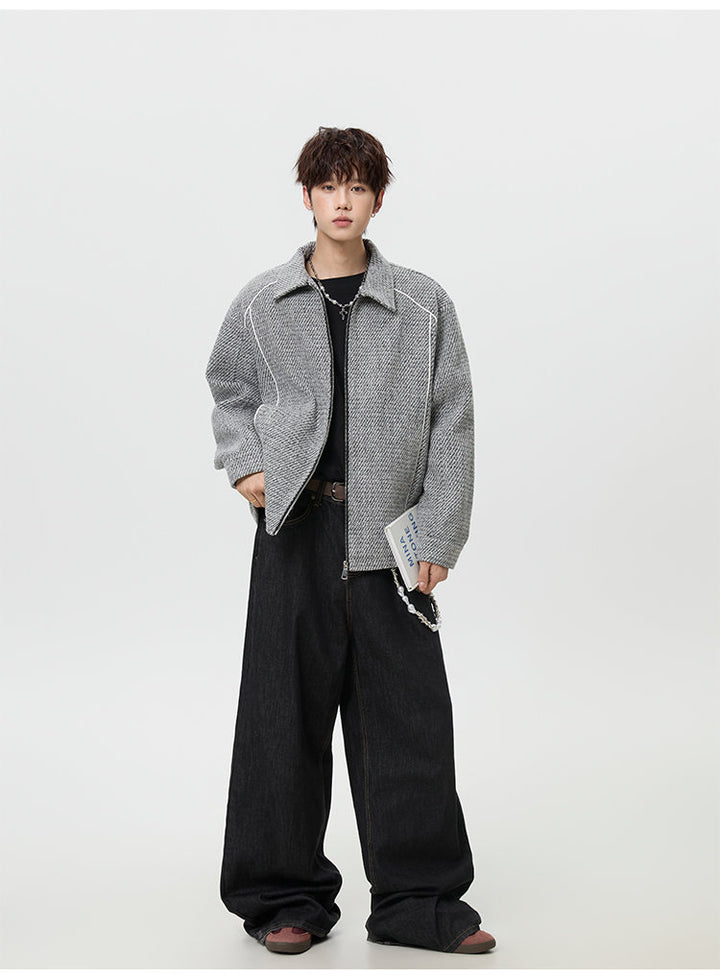 Textured lapel zip jacket, styled view showing the gray jacket
