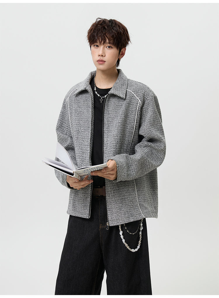 Textured lapel zip jacket, angled view of the gray jacket