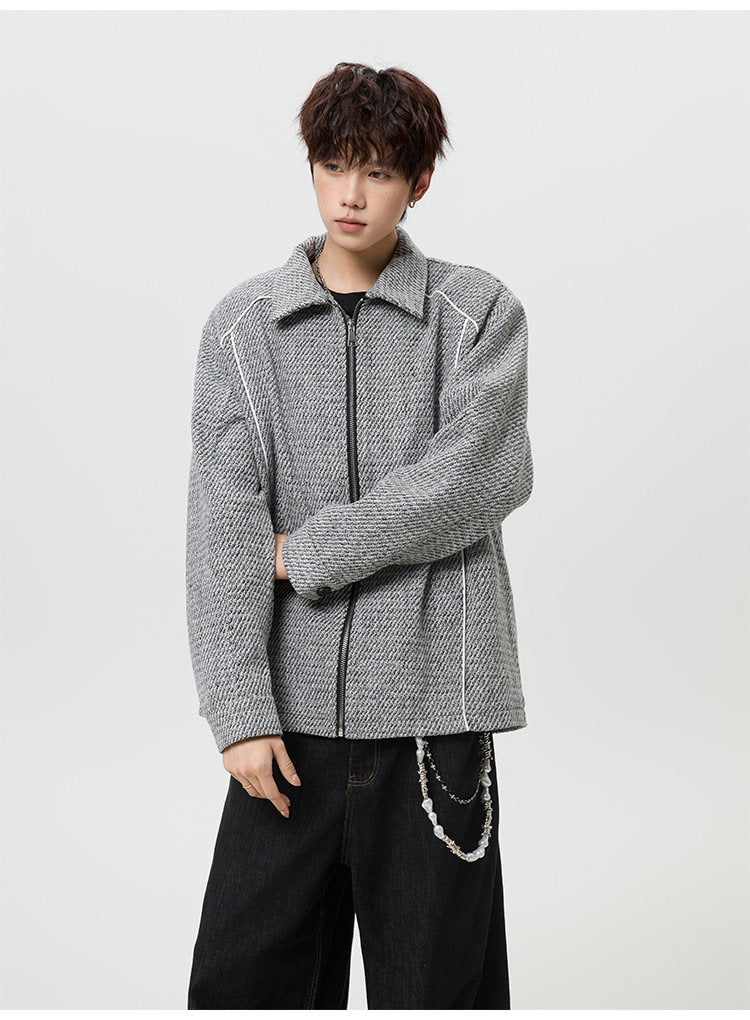 Textured lapel zip jacket, front view showing the lapel collar