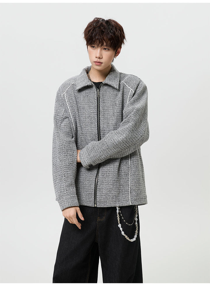 Textured lapel zip jacket, front view showing the lapel collar