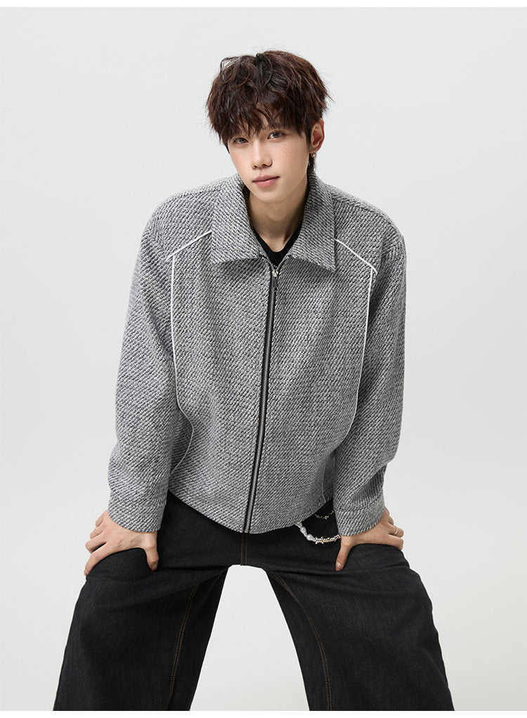 Textured lapel zip jacket, styled view of the taupe jacket