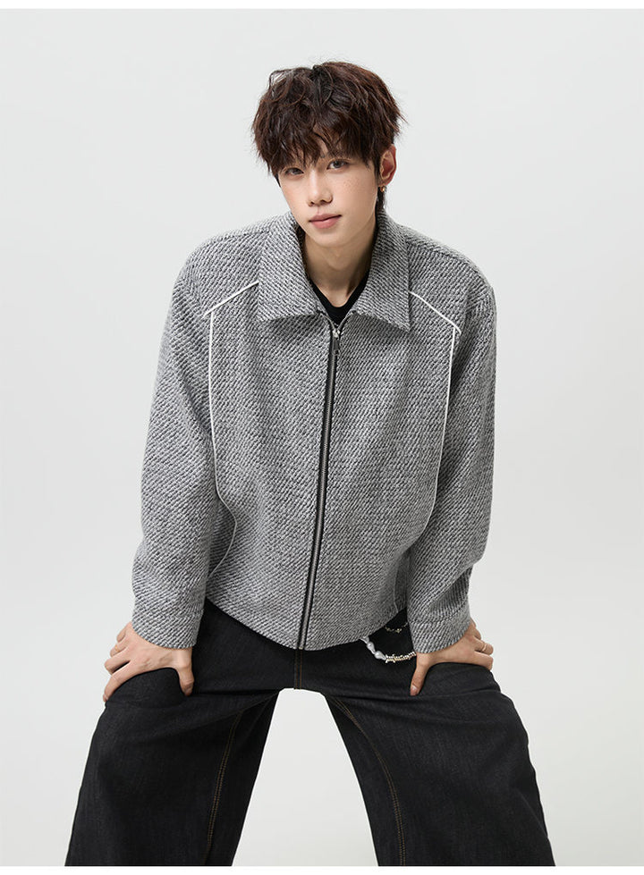Textured lapel zip jacket, styled view of the taupe jacket