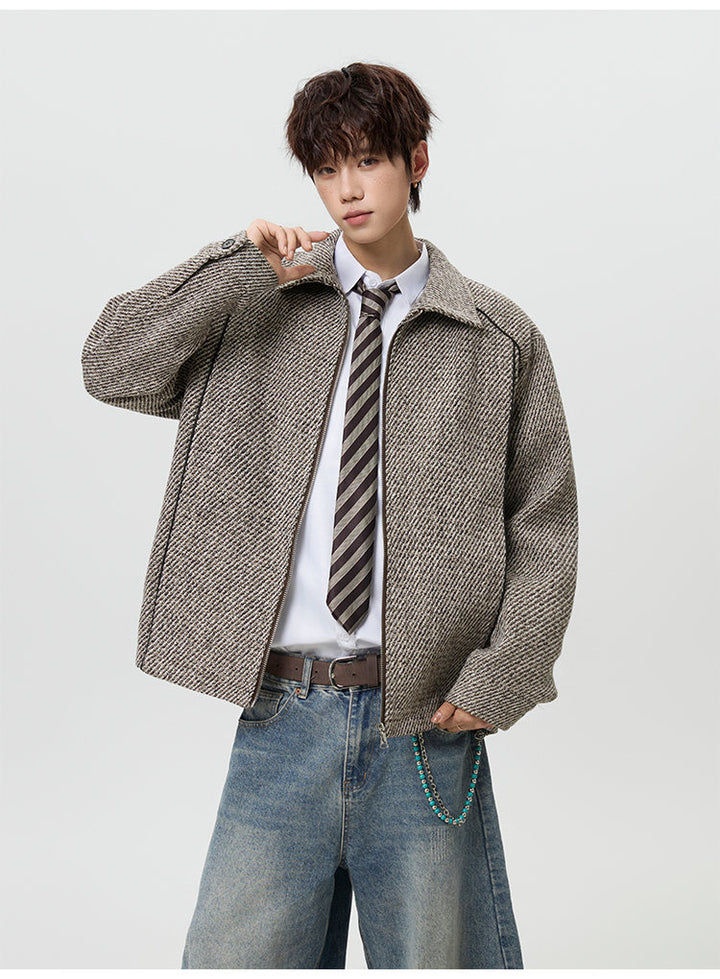Textured lapel zip jacket, angled view showing the textured surface