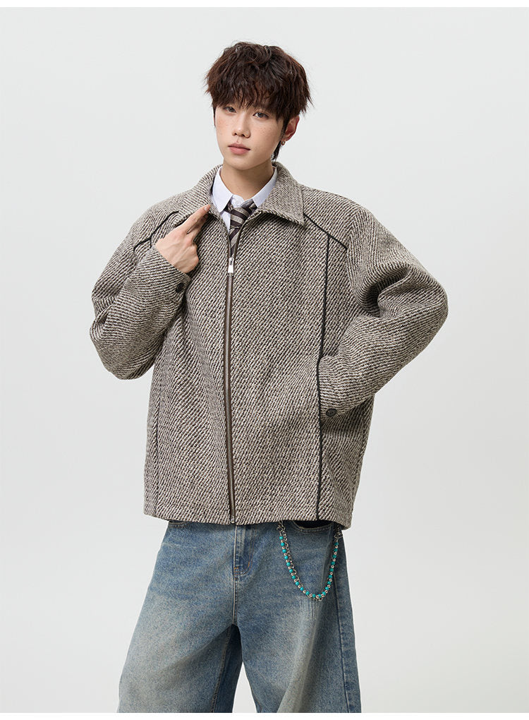 Textured lapel zip jacket, styled view of the taupe jacket