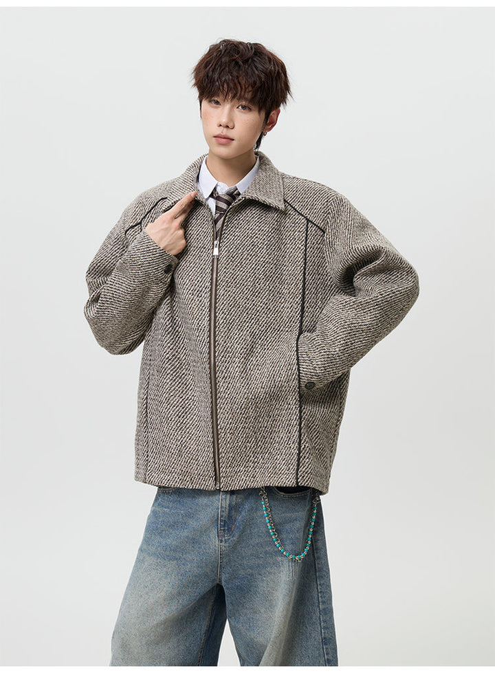 Textured lapel zip jacket, styled view of the taupe jacket