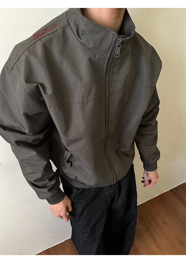 Utility bomber jacket, angled view of the gray utility bomber