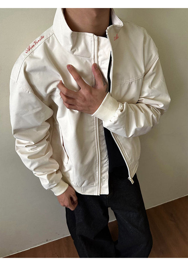 Utility bomber jacket, front view of the white utility bomber