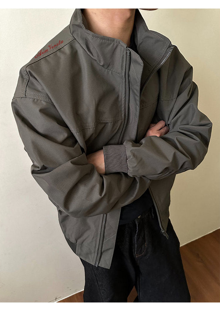 Utility bomber jacket, angled view showing the gray jacket