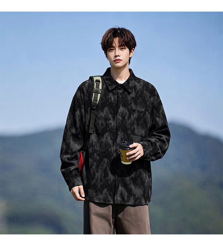 Washed long-sleeve shirt, front view of the black washed shirt