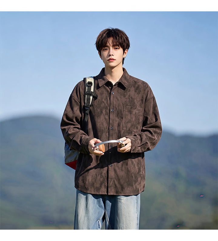 Washed long-sleeve shirt, front view of the brown shirt