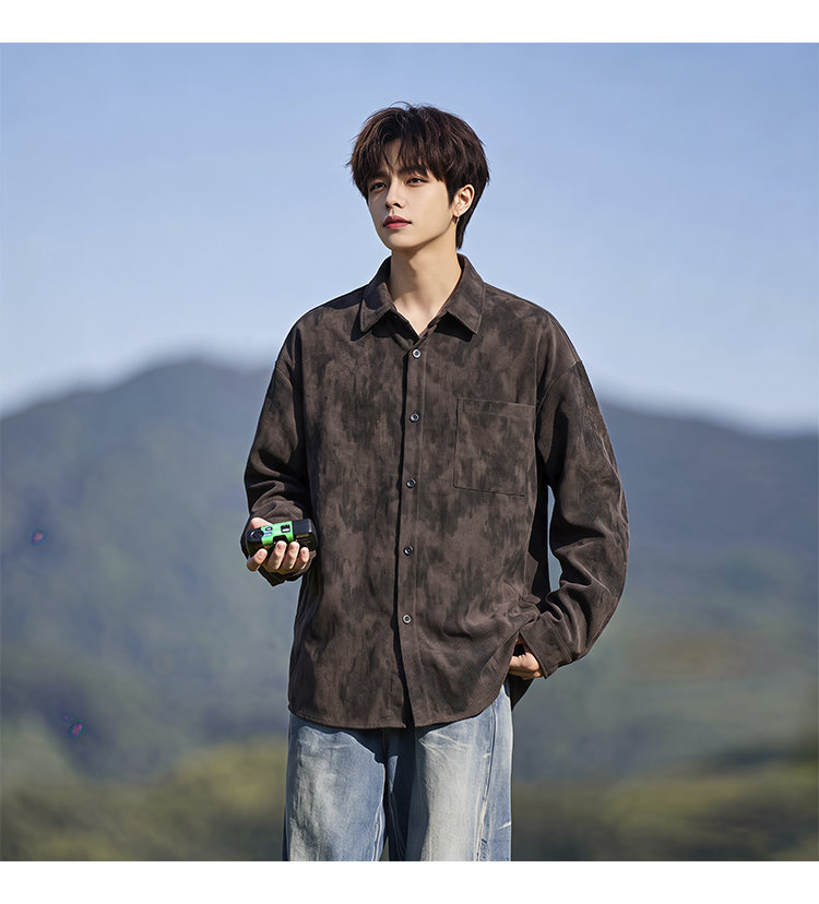 Washed long-sleeve shirt, front view of the brown colorway