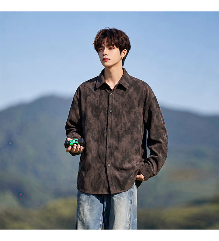 Washed long-sleeve shirt, front view of the brown colorway
