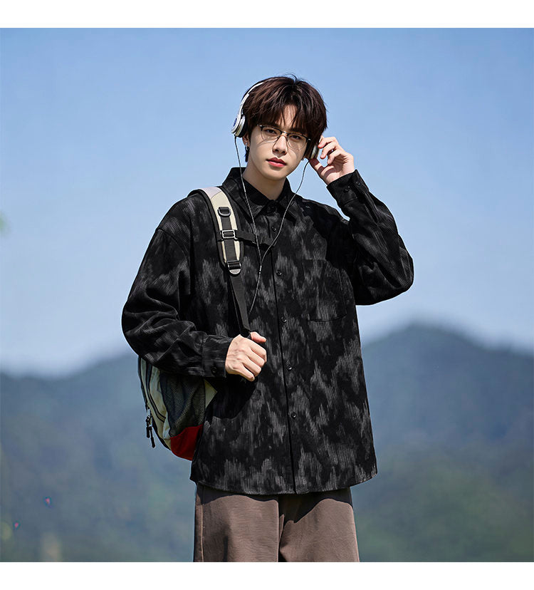 Washed long-sleeve shirt, styled view of the black washed shirt