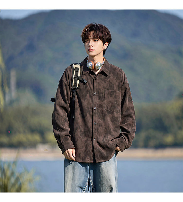 Washed long-sleeve shirt, front view of the brown washed shirt