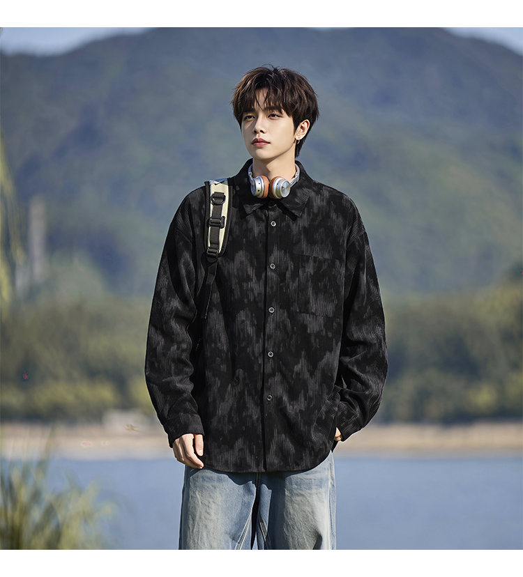 Washed long-sleeve shirt, front view of the black shirt