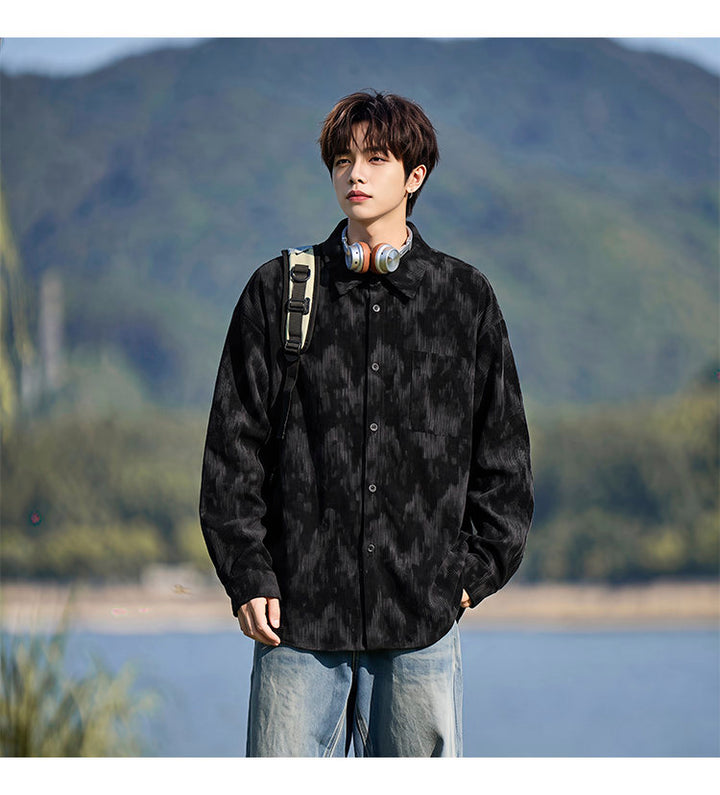 Washed long-sleeve shirt, front view of the black shirt