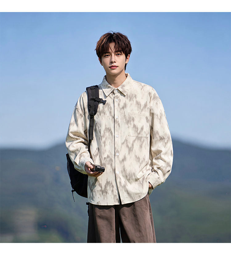 Washed long-sleeve shirt, angled view of the brown shirt