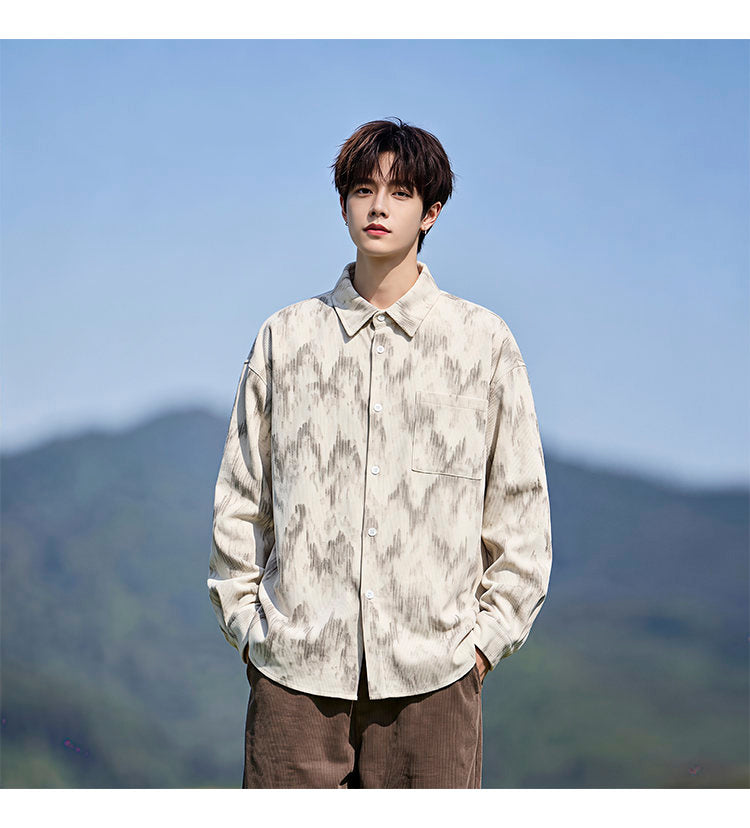 Washed long-sleeve shirt, front view showing the washed texture