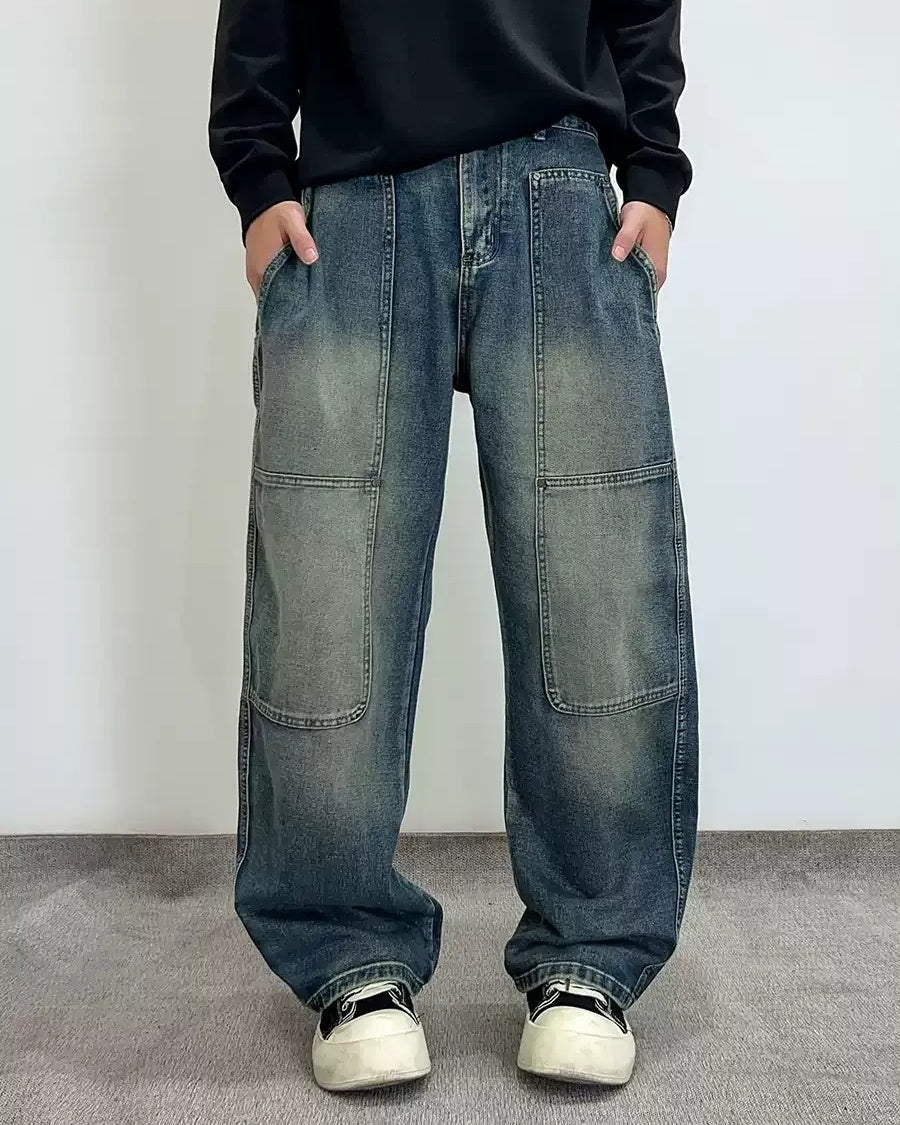 Back view of Panel Detail Multi-Pocket Baggy Jeans