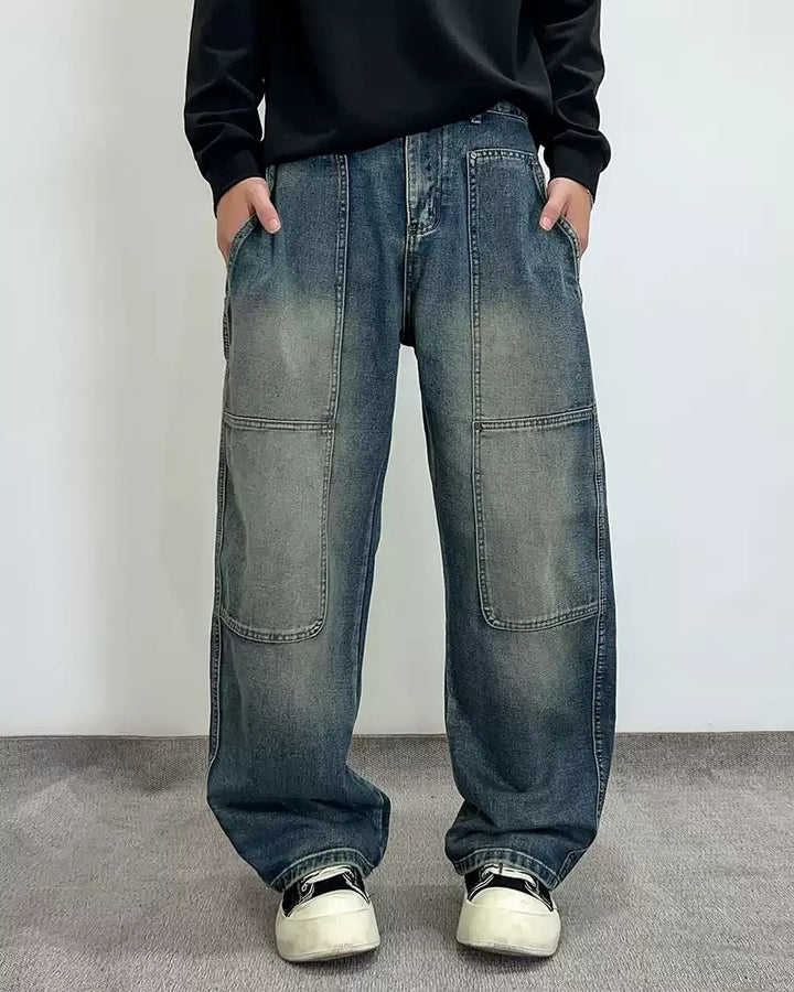 Back view of Panel Detail Multi-Pocket Baggy Jeans