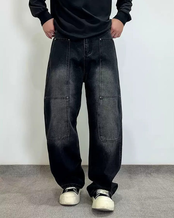 Front view of Panel Detail Multi-Pocket Baggy Jeans