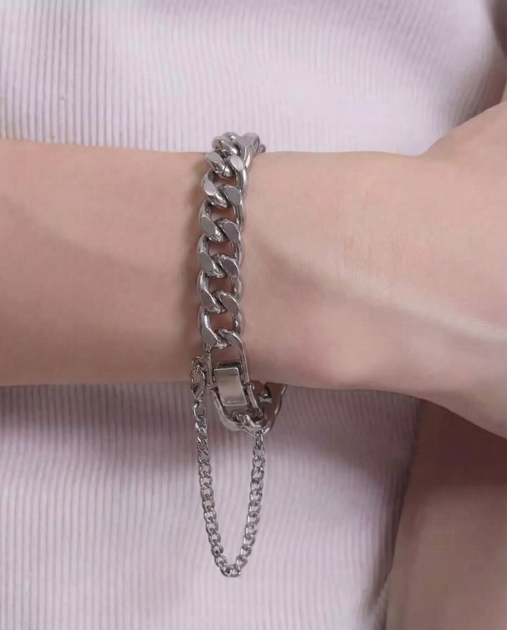Front detail of Multi-style Industrial and Pearl Stackable Bracelet Set
