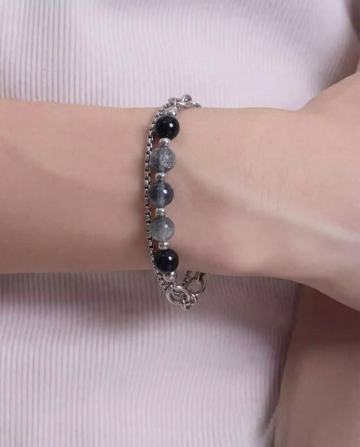 Close-up detail of Multi-style Industrial and Pearl Stackable Bracelet Set