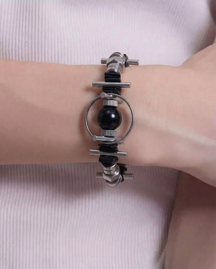 Additional detail view of Multi-style Industrial and Pearl Stackable Bracelet Set