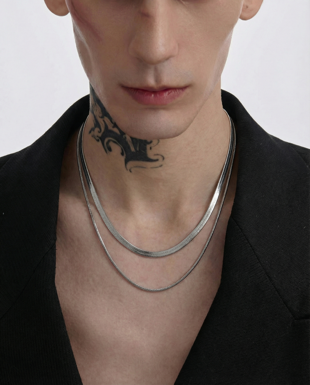 Front detail of 3-style Stainless Steel Cuban Link Chain Choker Necklace Set