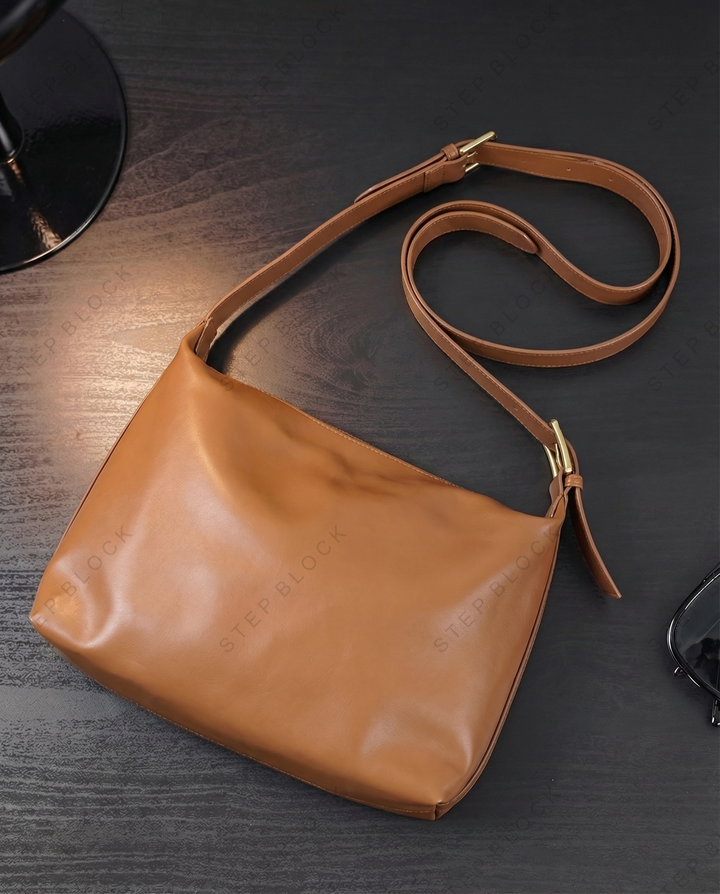 STEP BLOCK AC074 Oversized Tan Leather-Look Crossbody &amp; Shoulder Bag